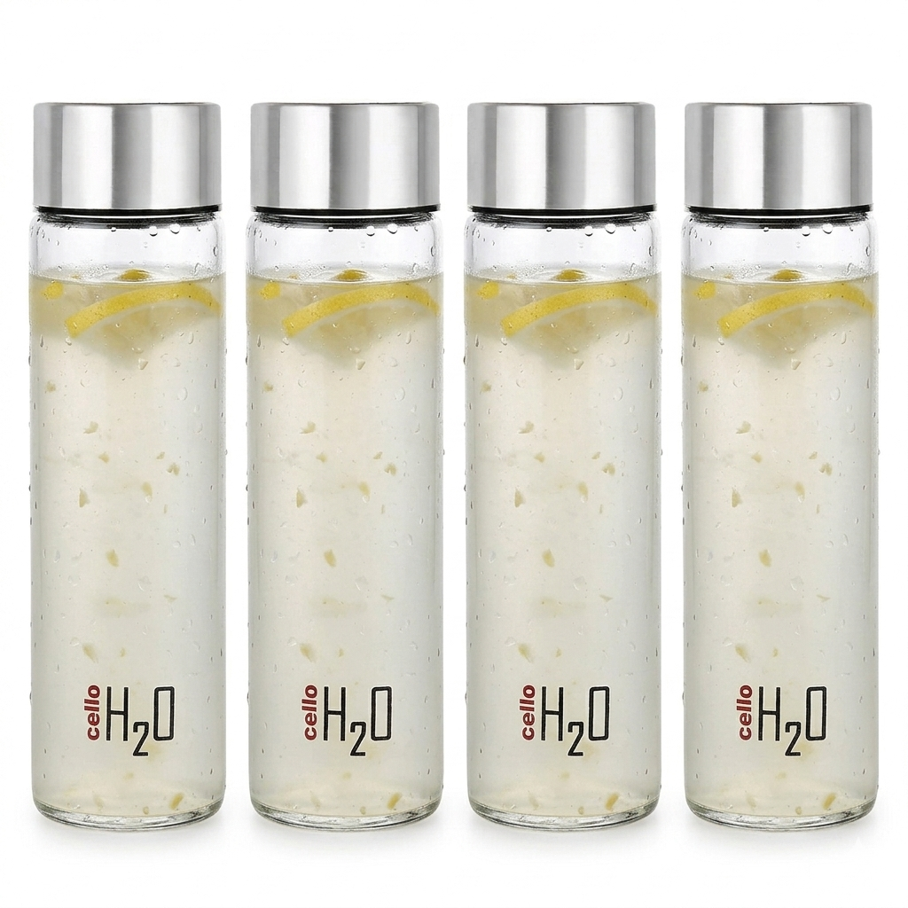 Cello H2O Premium Clear Glass Water Bottle Set with Airtight Stainless Steel Cap | 920 ML | Pack of 4
