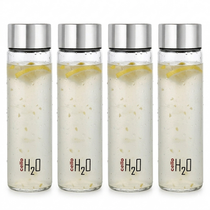 Cello H2O Premium Clear Glass Water Bottle Set with Airtight Stainless Steel Cap | 920 ML | Pack of 4