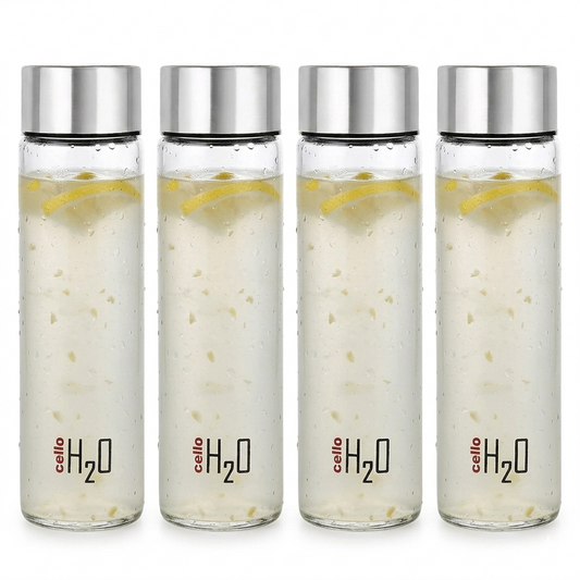 Cello H2O Premium Clear Glass Water Bottle Set with Airtight Stainless Steel Cap | 920 ML | Pack of 4