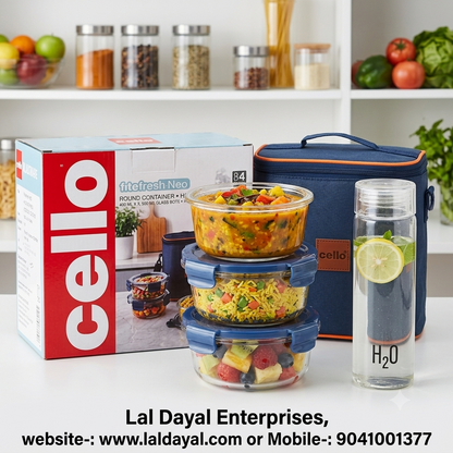 Cello Fit&Fresh Neo Glass Lunch Box Set – 3 Round Containers (400ml each) + H2O Bottle (500ml) with Insulated Bag