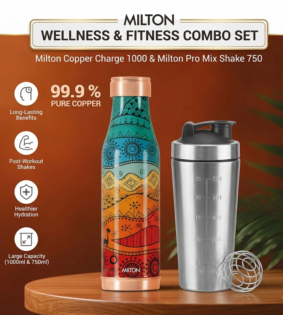 Milton Wellness & Fitness Combo Set | Copper Charge 1000 & Pro Mix Shake 750