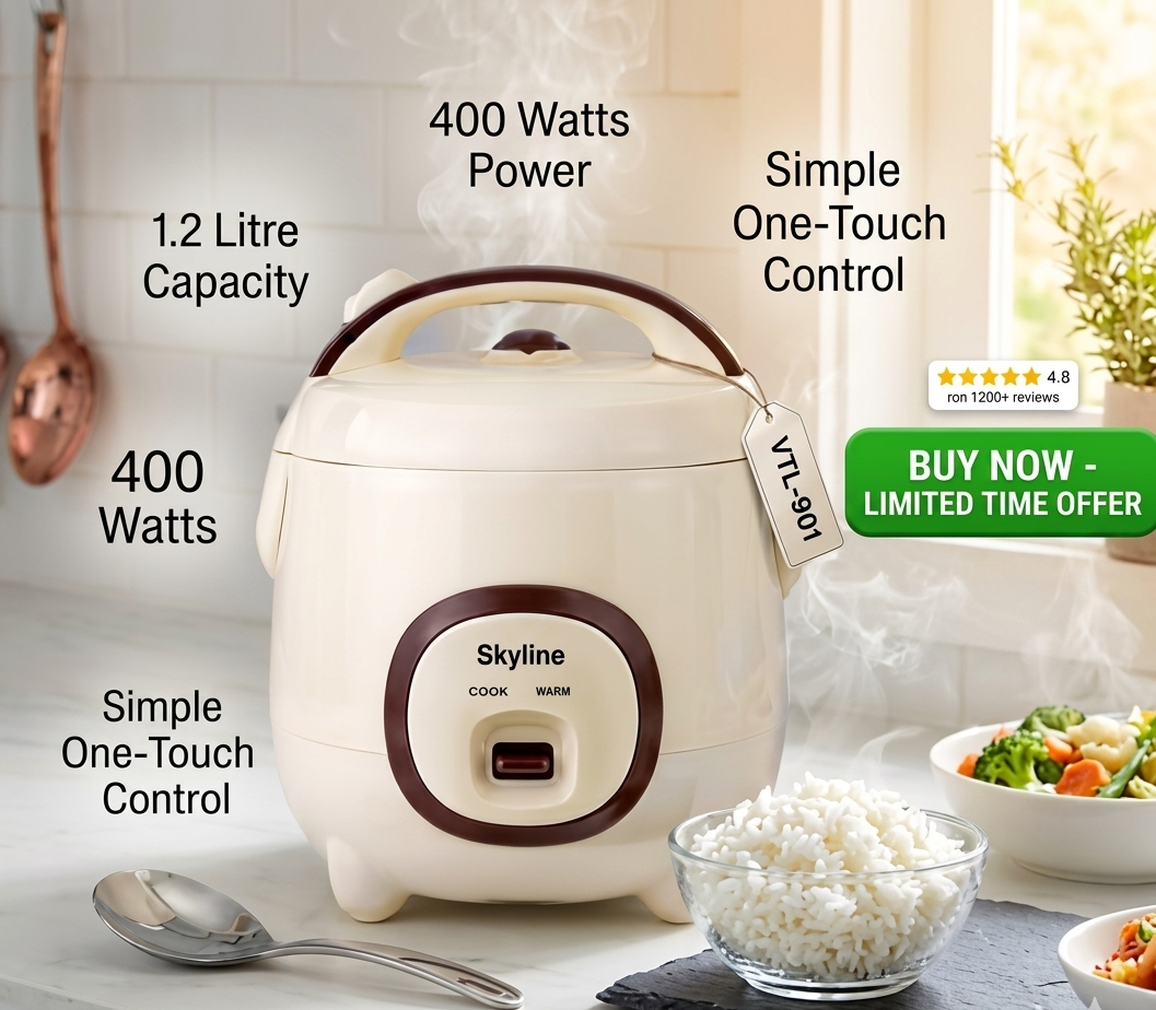 Skyline VTL-901 Electric Rice Cooker (1.2 Litre, 400 Watts) | Detachable Aluminium Bowl & Automatic Warm Function