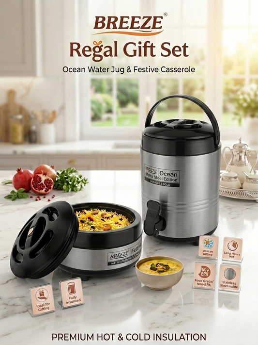Breeze Regal Premium Stainless Steel Gift Set | 3L Ocean Water Jug & 2000ml Festive Casserole (Hot Case) – 2 Pieces Combo