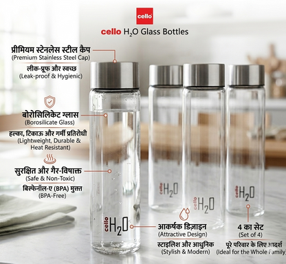 Cello H2O Premium Clear Glass Water Bottle Set with Airtight Stainless Steel Cap | 920 ML | Pack of 4
