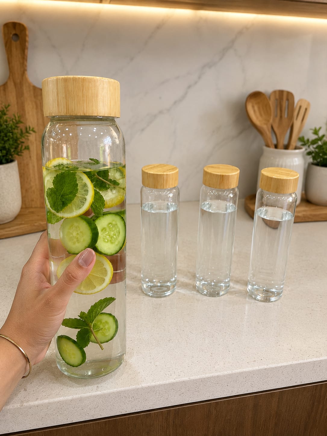 Premium Clear Glass Water Bottles 1 Litre with Wooden Lids (Pack of 4) for Fridge, Kitchen & Dining