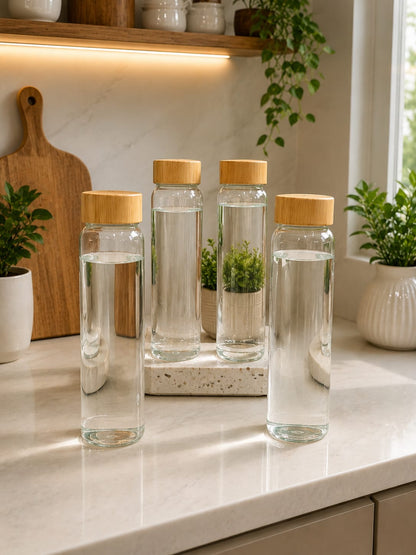 Premium Clear Glass Water Bottles 1 Litre with Wooden Lids (Pack of 4) for Fridge, Kitchen & Dining
