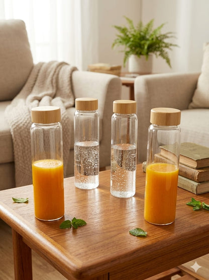 Premium Clear Glass Water Bottles 1 Litre with Wooden Lids (Pack of 4) for Fridge, Kitchen & Dining