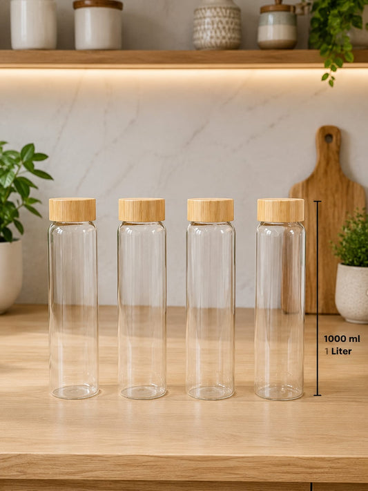 Premium Clear Glass Water Bottles 1 Litre with Wooden Lids (Pack of 4) for Fridge, Kitchen & Dining