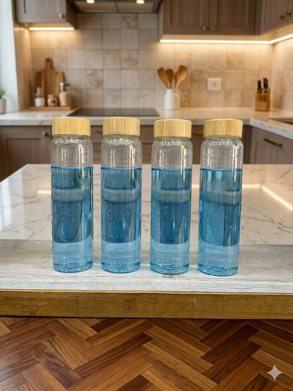 Premium Clear Glass Water Bottles 1 Litre with Wooden Lids (Pack of 4) for Fridge, Kitchen & Dining