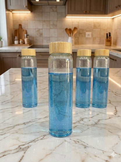 Premium Clear Glass Water Bottles 1 Litre with Wooden Lids (Pack of 4) for Fridge, Kitchen & Dining