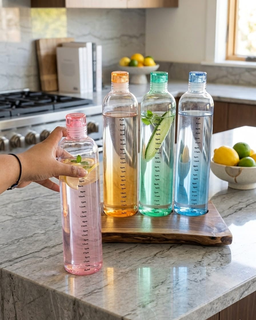 Motivational Glass Water Bottles with Time Marker (Pack of 4) | Premium Leakproof Multicolor Gym & Fridge Bottle Set