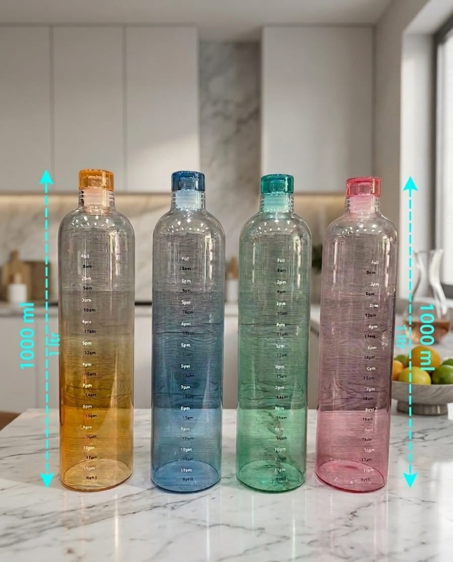 Motivational Glass Water Bottles with Time Marker (Pack of 4) | Premium Leakproof Multicolor Gym & Fridge Bottle Set