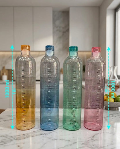 Motivational Glass Water Bottles with Time Marker (Pack of 4) | Premium Leakproof Multicolor Gym & Fridge Bottle Set
