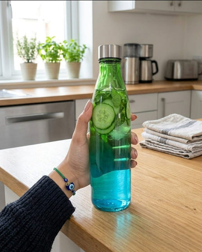 Ombre Glass Water Bottle Set for Fridge, Kitchen & Gym | Pack of 4 Multicolor Bottles (1000ml)