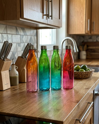 Ombre Glass Water Bottle Set for Fridge, Kitchen & Gym | Pack of 4 Multicolor Bottles (1000ml)