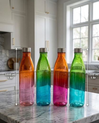 Ombre Glass Water Bottle Set for Fridge, Kitchen & Gym | Pack of 4 Multicolor Bottles (1000ml)