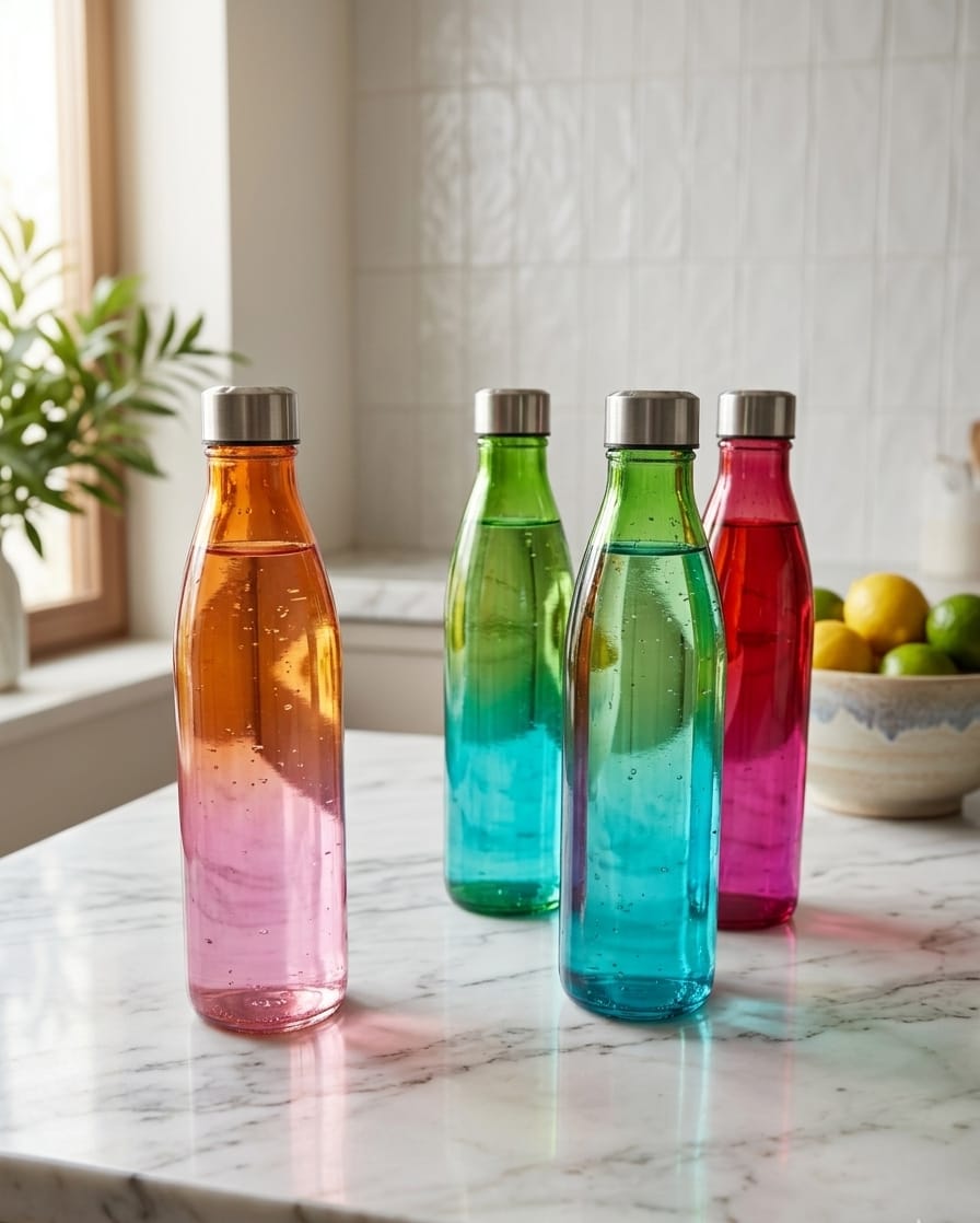 Ombre Glass Water Bottle Set for Fridge, Kitchen & Gym | Pack of 4 Multicolor Bottles (1000ml)