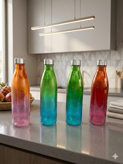 Ombre Glass Water Bottle Set for Fridge, Kitchen & Gym | Pack of 4 Multicolor Bottles (1000ml)