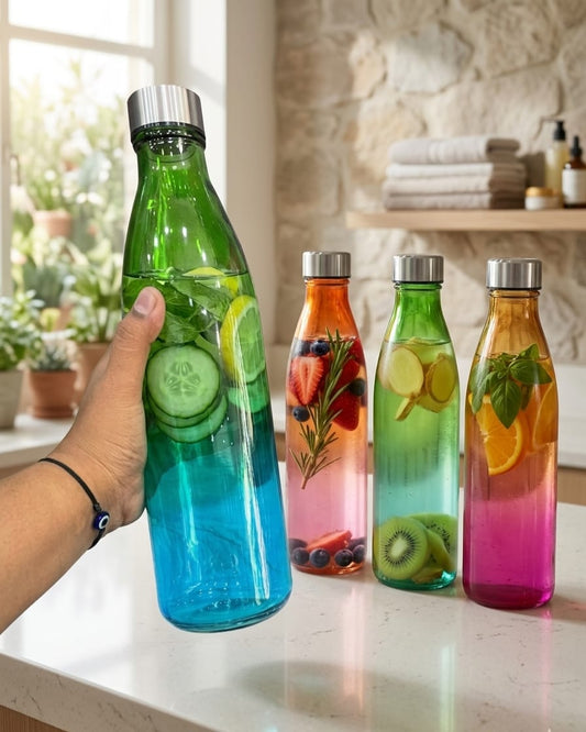 Ombre Glass Water Bottle Set for Fridge, Kitchen & Gym | Pack of 4 Multicolor Bottles (1000ml)
