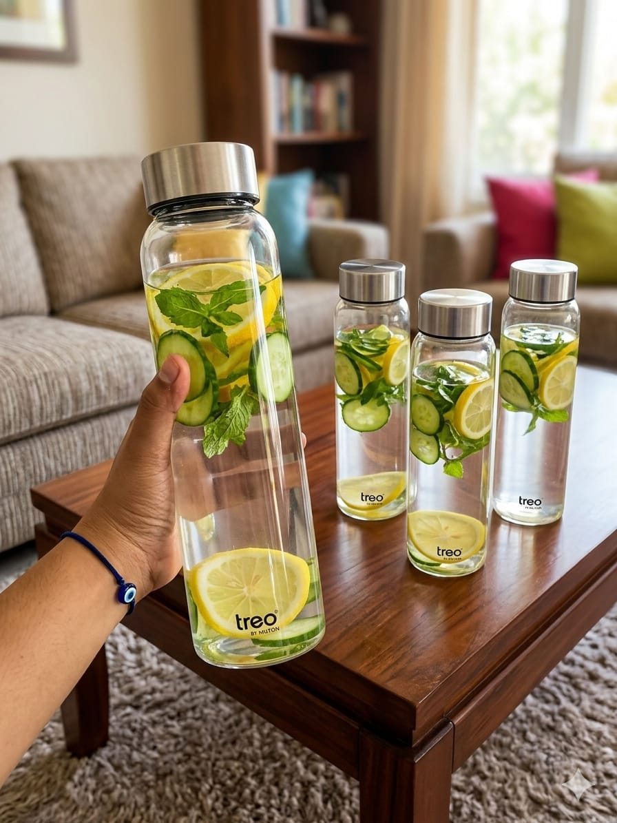 Treo by Milton Premium Glass Water Bottle Set with Stainless Steel Caps (Pack of 4) 10081841