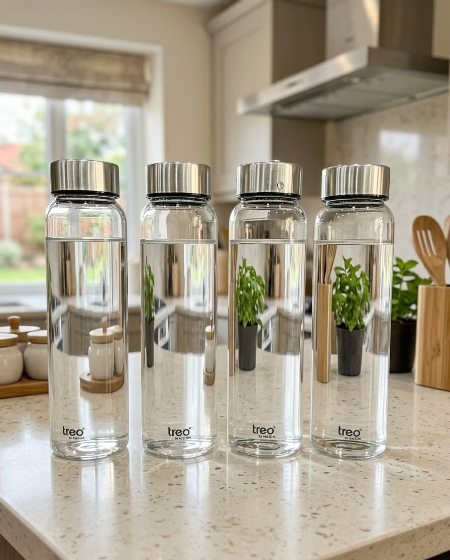 Treo by Milton Premium Glass Water Bottle Set with Stainless Steel Caps (Pack of 4) 10081841