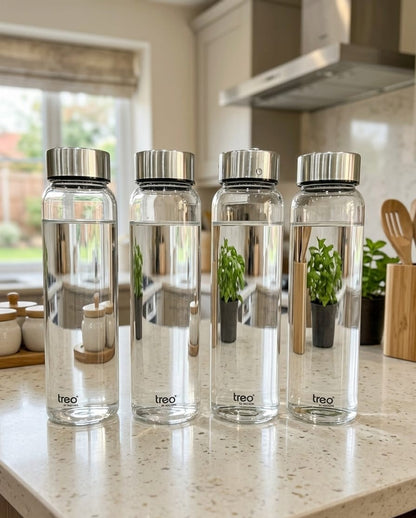 Treo by Milton Premium Glass Water Bottle Set with Stainless Steel Caps (Pack of 4) 10081841