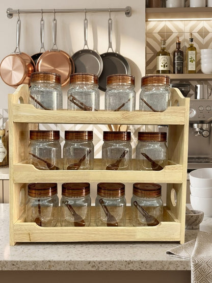 Milton Premium 500 ML 12-Piece Plastic Spice Container Set with 3-Tier Wooden Organizer Rack & Spoons