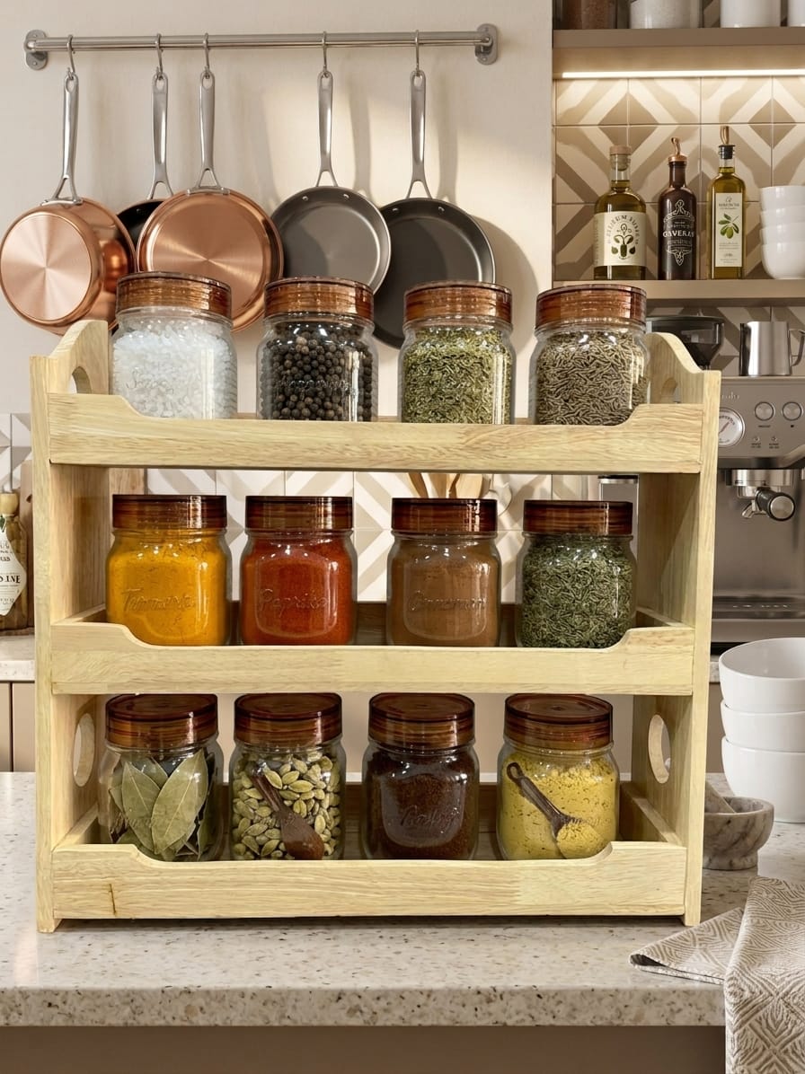 Milton Premium 500 ML 12-Piece Plastic Spice Container Set with 3-Tier Wooden Organizer Rack & Spoons