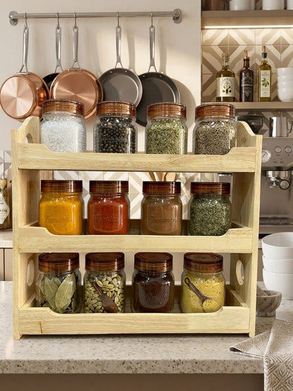 Milton Premium 500 ML 12-Piece Plastic Spice Container Set with 3-Tier Wooden Organizer Rack & Spoons