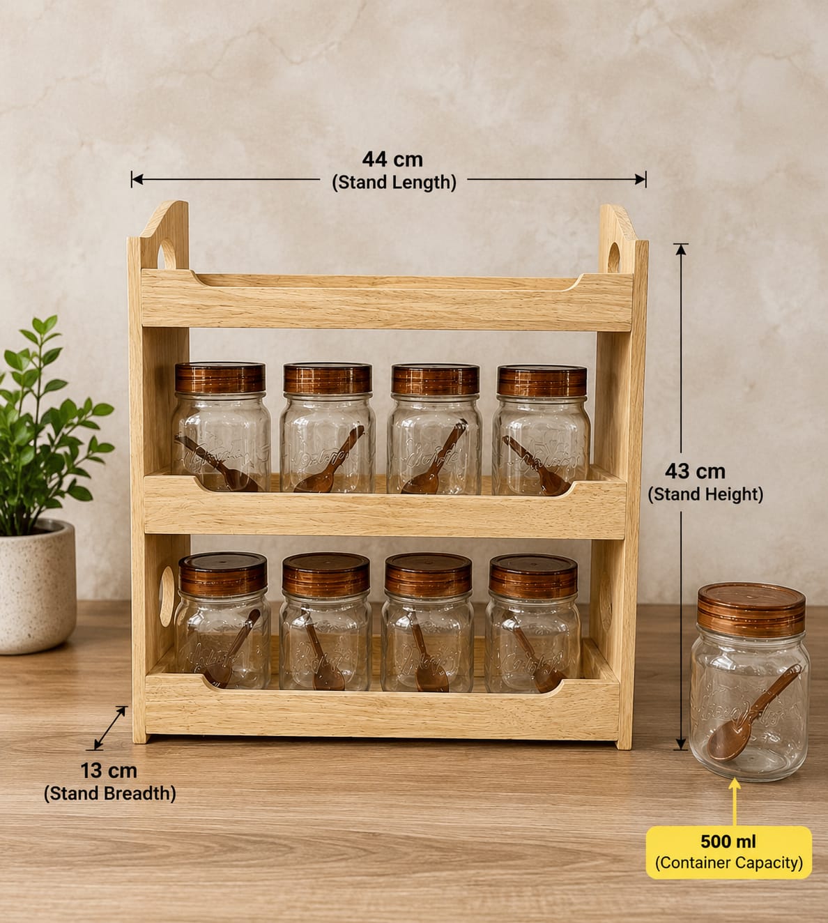Milton Premium 500 ML 12-Piece Plastic Spice Container Set with 3-Tier Wooden Organizer Rack & Spoons