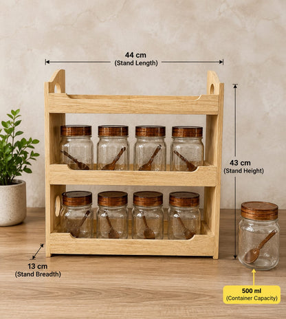 Milton Premium 500 ML 12-Piece Plastic Spice Container Set with 3-Tier Wooden Organizer Rack & Spoons