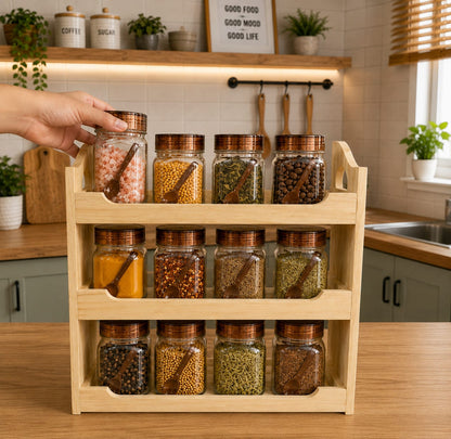 Milton Premium 500 ML 12-Piece Plastic Spice Container Set with 3-Tier Wooden Organizer Rack & Spoons