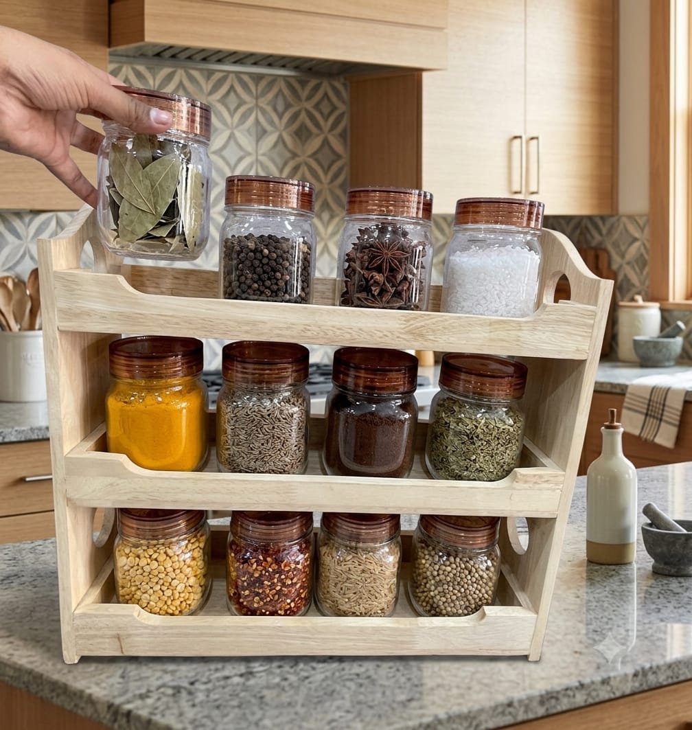 Milton Premium 500 ML 12-Piece Plastic Spice Container Set with 3-Tier Wooden Organizer Rack & Spoons