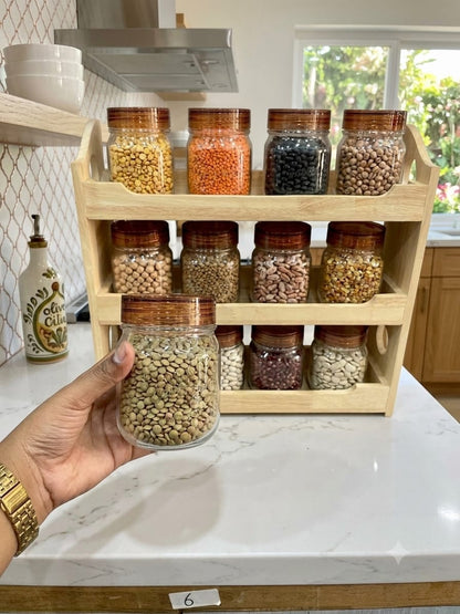Milton Premium 500 ML 12-Piece Plastic Spice Container Set with 3-Tier Wooden Organizer Rack & Spoons