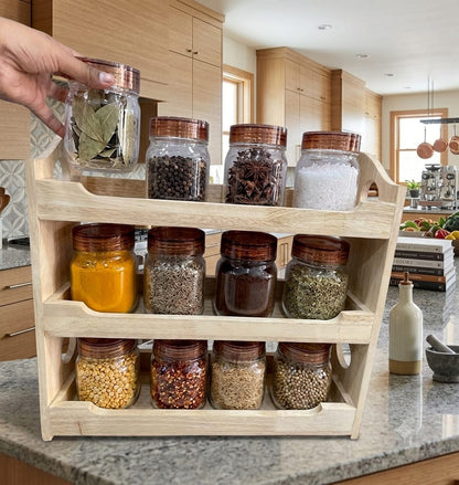 Milton Premium 500 ML 12-Piece Plastic Spice Container Set with 3-Tier Wooden Organizer Rack & Spoons