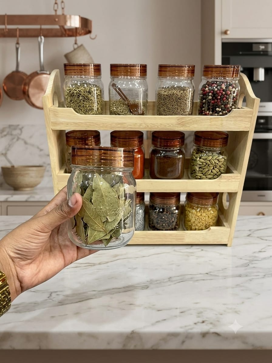 Milton Premium 500 ML 12-Piece Plastic Spice Container Set with 3-Tier Wooden Organizer Rack & Spoons