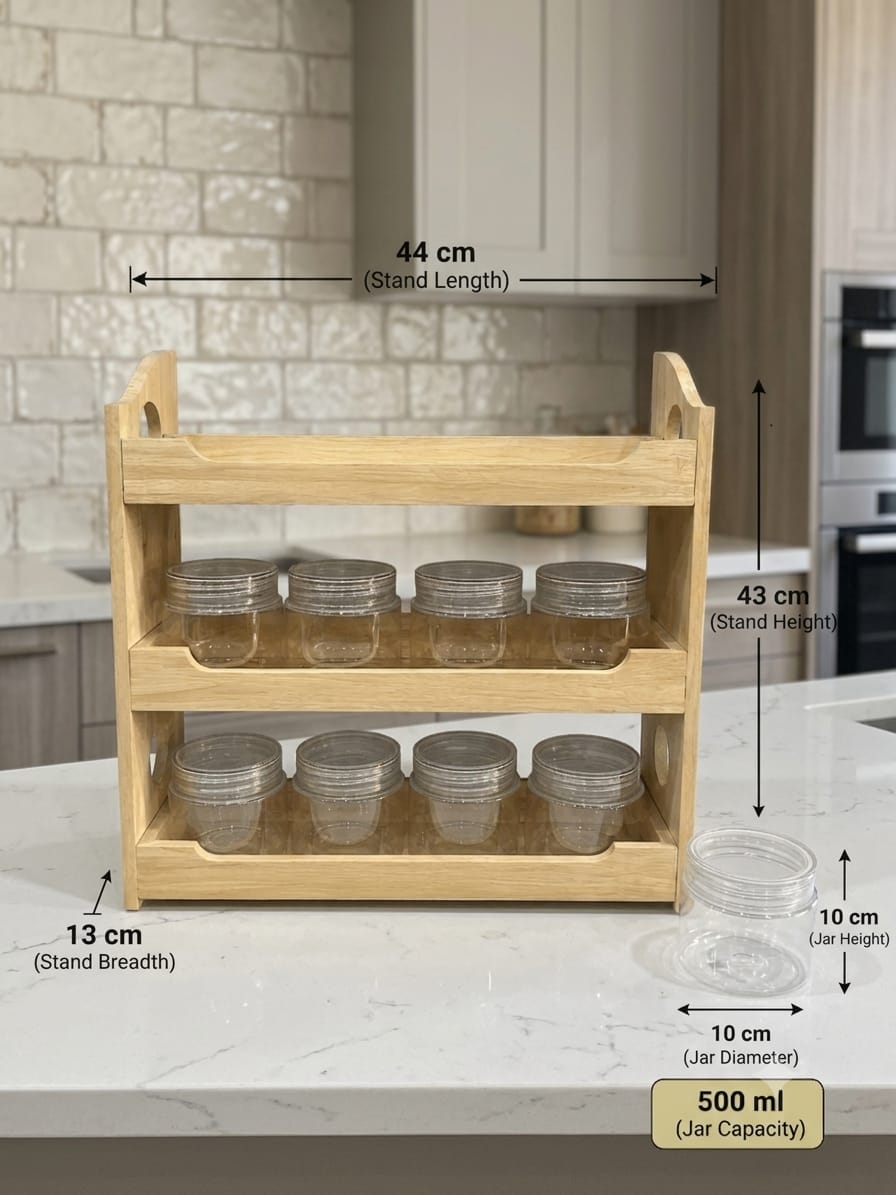 Premium 500 ML Steelo 3-Tier Wooden Spice Rack Organizer with 12 Pieces Transparent PET Jar Set (500ml)