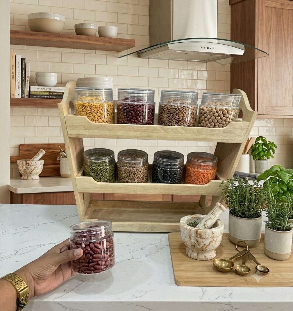 Premium 500 ML Steelo 3-Tier Wooden Spice Rack Organizer with 12 Pieces Transparent PET Jar Set (500ml)