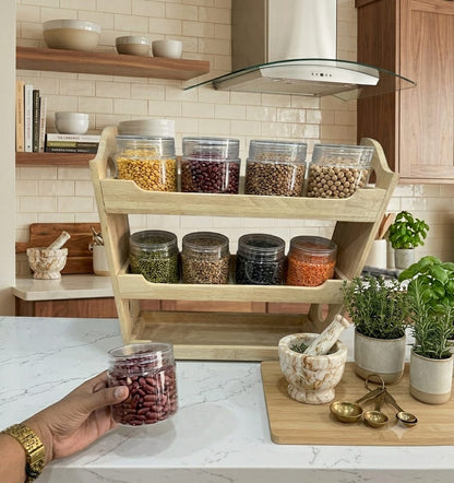 Premium 500 ML Steelo 3-Tier Wooden Spice Rack Organizer with 12 Pieces Transparent PET Jar Set (500ml)