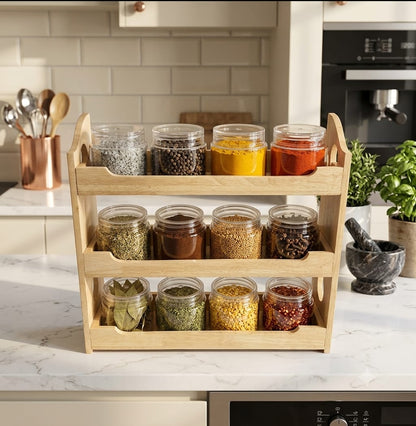 Premium 500 ML Steelo 3-Tier Wooden Spice Rack Organizer with 12 Pieces Transparent PET Jar Set (500ml)