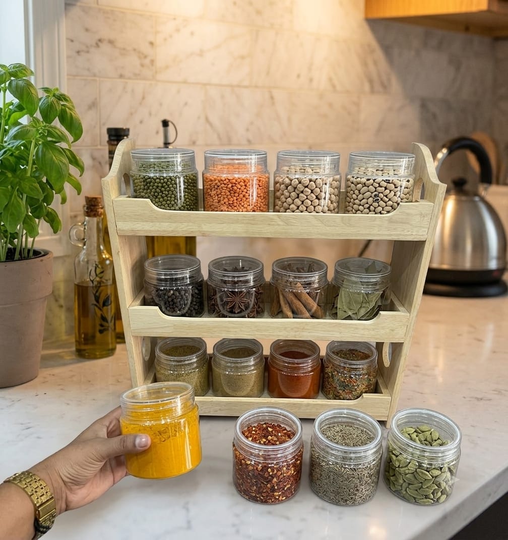 Premium 500 ML Steelo 3-Tier Wooden Spice Rack Organizer with 12 Pieces Transparent PET Jar Set (500ml)