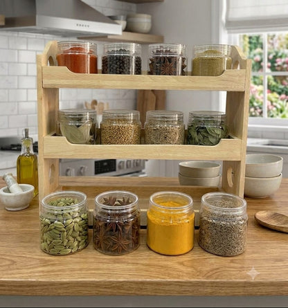 Premium 500 ML Steelo 3-Tier Wooden Spice Rack Organizer with 12 Pieces Transparent PET Jar Set (500ml)