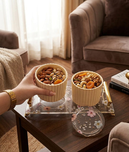 Eternia 2 Luxury Airtight Dry Fruit Jar Set of 2 with Premium Floral Acrylic Serving Tray | Fluted Metal Kitchen Storage Containers with Gold Accents for Snacks, Cookies & Dining Decor
