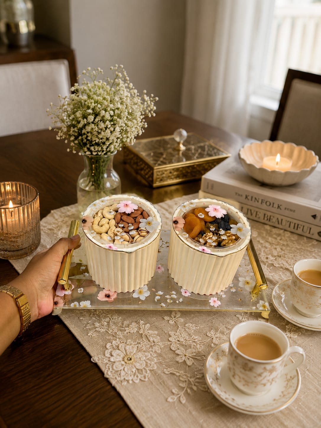 Eternia 2 Luxury Airtight Dry Fruit Jar Set of 2 with Premium Floral Acrylic Serving Tray | Fluted Metal Kitchen Storage Containers with Gold Accents for Snacks, Cookies & Dining Decor