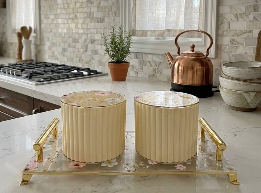 Eternia 2 Luxury Airtight Dry Fruit Jar Set of 2 with Premium Floral Acrylic Serving Tray | Fluted Metal Kitchen Storage Containers with Gold Accents for Snacks, Cookies & Dining Decor