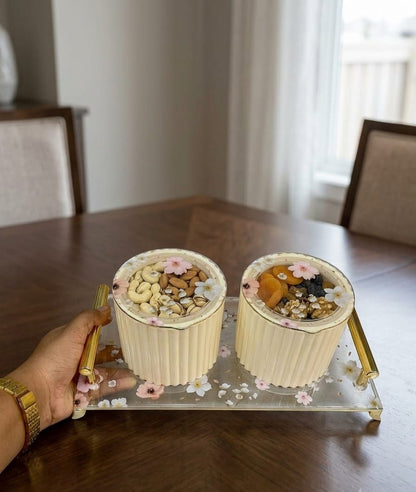 Eternia 2 Luxury Airtight Dry Fruit Jar Set of 2 with Premium Floral Acrylic Serving Tray | Fluted Metal Kitchen Storage Containers with Gold Accents for Snacks, Cookies & Dining Decor