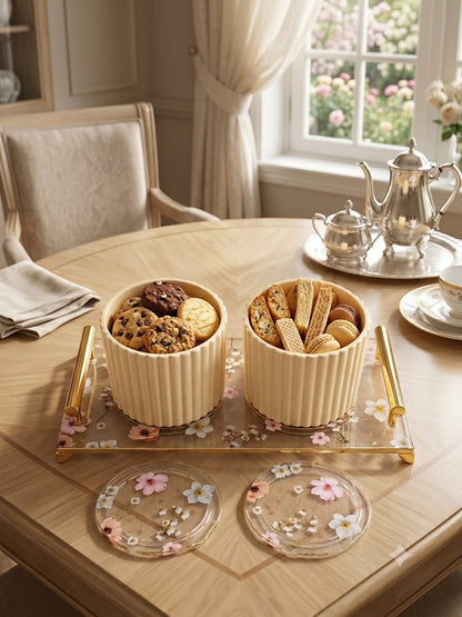 Eternia 2 Luxury Airtight Dry Fruit Jar Set of 2 with Premium Floral Acrylic Serving Tray | Fluted Metal Kitchen Storage Containers with Gold Accents for Snacks, Cookies & Dining Decor