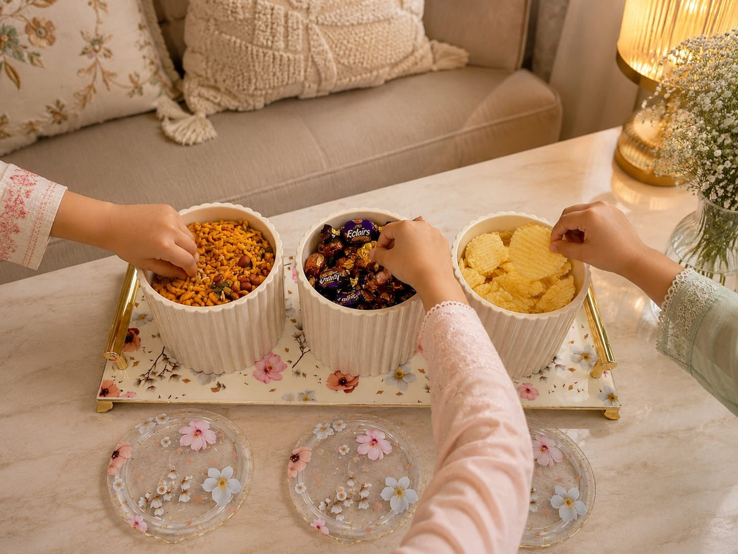 Eternia 3 Premium Airtight Dry Fruit Jar Set of 3 with Luxury Floral Serving Tray | Fluted Kitchen Storage Containers with Gold Handles for Snacks, Namkeen & Center Table Decor