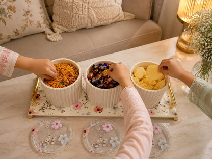 Eternia 3 Premium Airtight Dry Fruit Jar Set of 3 with Luxury Floral Serving Tray | Fluted Kitchen Storage Containers with Gold Handles for Snacks, Namkeen & Center Table Decor