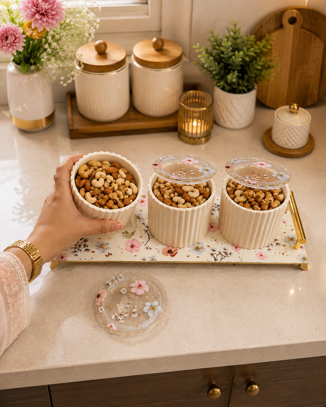 Eternia 3 Premium Airtight Dry Fruit Jar Set of 3 with Luxury Floral Serving Tray | Fluted Kitchen Storage Containers with Gold Handles for Snacks, Namkeen & Center Table Decor